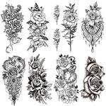 Yesallwas Sexy Rose Flower Temporary Tattoos For Women Girls Waterproof Black Large Fake Tattoo Stickers 3D Blossom Lady Shoulder Tattoos DIY Legs Sexy Arm Chains