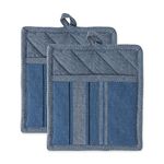 DII Cotton French Stripe Pot Holders with Pocket, 9 x 8" Set of 2, Machine Washable and Heat Resistant Country Farmhouse Cooking and Baking Pocket Mitts-Chambray Blue