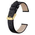 BISONSTRAP Leather Watch Straps, Soft Replacement Bands with Polished Buckle,12mm, Black with Gold Buckle