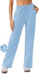 PINSPARK Women's Fleece Straight Legs Sweat Pants High Waist Loose Warm Sweatpants Drawstring Workout Active Pants with Pockets Sky Blue Petite M