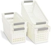 Farmlyn Creek 4 Pack White Plastic Baskets with Gray Handles, Narrow Storage Bins for Organizing, Kitchen Shelves, Small Nesting Containers (11.5 x 5 x 5 inch)