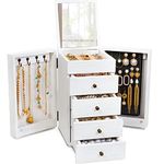 Meangood Jewelry Box Wood for Wowen, 5-Layer Large Organizer Box with Mirror & 4 Drawers for Rings, Earrings, Necklaces, White