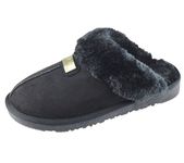 KOLLACHE Womens Fur Lined Slippers Ladies Mules Non Slip Rubber Sole Shoes Black Size UK 7 EU 40 US 9