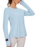 IECCP Women's Long Sleeve Workout Shirts Loose Active Tops Running Gym Exercise T-Shirts with Thumb Hole Light Blue M