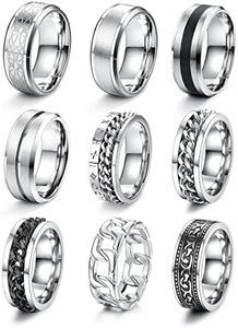 JeweBella 9 Piezas Anillos Hombres Acero Inoxidable Anillos Plata Pulida Nudo Celta Anillos Vikingos Vintage Anillos Cadena Negra Juego de Anillos Góticos Anillos de Compromiso de Amistad para Hombres