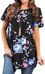 Ezcosplay Womens Tunic Tops Short Sleeve Summer Floral Print Casual Asymmetric Hem Tunic Shirts to Wear with Leggings