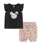 Mud Kingdom Baby Girls Shorts Set Ruffle Sleeve T-Shirt and Floral Shorts Outfits Cute Cartoon Printed 2 Piece Summer Casual Clothing Suit Black 12-18 Months