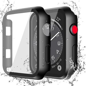 Misxi [2 Pack] Waterproof Case with Button Designed for Apple Watch Series 3 Series 2 42mm, Anti-Fall Hard PC Cover with Tempered Glass Screen Protector for iWatch S3/S2, Matte Black