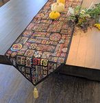 DaDa Bedding Bohemian Tapestry Table Runner - Greek Ethnic Ornament Geometric Calligraphy Black Textile - Multi-Colorful Dark Cotton Linen Woven Kitchen Dining Mats - Oversized 13" x 120"