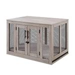 unipaws Dog Crate Furniture, Dog Kennel with Dog Bed and Removable Tray, Dog Cage for Medium Dogs, Indoor Dog Enclosure with Metal Mesh and Wood, Weathered Gray