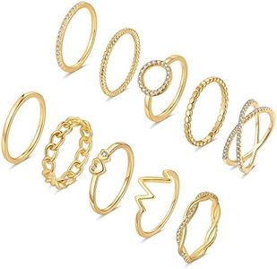 KOHOTA 10PCS 14K Gold Plated Rings for Women Gold Stackable Knuckle Rings Set Cute Dainty Silver Stacking Band Ring Pack Simple Heart Zirconia Wedding Promise Eternity Rings Size 5-12, 11, Metal, Cubic Zirconia