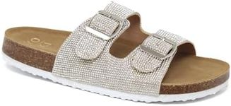 YOKI GIAN-107 Womens Sandals With Rhinestone Double Buckle - Stylish Slides For Women With Faux Cork Sole And Comfortable Open Toe Wedge Sandals - (Silver, Size 7)