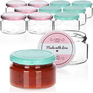 COM-FOUR® 12x bocaux de conservation avec couvercle à vis "Made with love" en vert et rose - TO Ø 82 mm - quantité de remplissage recommandée env. 200 ml - jusqu'au bord du verre : env. 250 ml