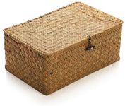 Yesland Handwoven Seagrass Rattan Storage Basket - 11.5'' x 7.5'' x 5'' - Brown Rectangular Makeup Organizer Container with Lid, Perfect for Decoration, Picnic, Groceries and Toy Storage