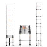 3.8M Telescopic Extension Folding Ladder, 12.5FT Stainless Steel Roof Multi-Purpose Extendable Loft, Portable Compact Anti-Slip for Indoor Or Outdoor, Max 330 lbs Load