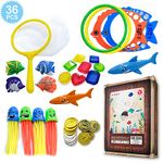 HonShoop 36pcs Diving Pool Toys for Kids, Underwater Swim Toys Set with Dip Net and Storage Box, Dive Rings, Pirate Treasure and Coins Collection for Toddler Boys/Girls Swimming Pool Game