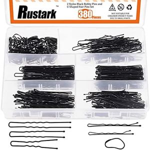 Rustark 380Pcs 2 Styles Black Hair Pins Kit with Storage Box, Includes Bobby Pins Buns U Shaped Hair Pins and Rubber Hair Bands for Women Girls Kids for All Hair Types