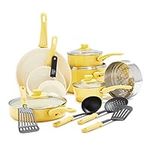 GreenLife Soft Grip Healthy Ceramic Nonstick, 16 Piece Cookware Pots and Pans Set, PFAS-Free, Dishwasher Safe, Yellow