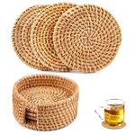 Rattan Coasters Set of 6pcs Handmade Woven Cup Coasters with Holder, Round Natural Rattan Cup Mats for Drinks Tea Cup Placemats Weave Cup Mat Decorative Cup Holder for Kitchen Table Drinks