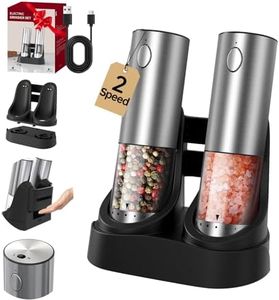 CIRCLE JOY 2-Speed Electric Salt and Pepper Grinder Set Rechargeable Stainless Steel Pepper Mills with Charging Base, LED Light and External Adjustable Coarseness for Hygienic Easy Use