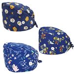 Cute Printed Working Caps Bouffant Hats for Women Men with Button and Adjustable Sweatband Scrub Caps (3 Pcs - Animals, Multicolor)