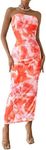 PRETTYGARDEN Women's Summer Maxi Bodycon Dresses Strapless Tube Top Printed Long Party Club Slit Dress (Print Light Orange,Small)