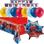 Spiderman Birthday Party Supplies Decorations Pack - 8 Balloons 1 Table Cloth 1 Foil Balloon 1 Banner | Spiderman Party Supplies