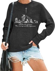 ALLTB Christmas Christian Religious Sweatshirt Women: Christmas Faith Graphic Shirt Xmas Holiday Pullover Tops, Gray, X-Large