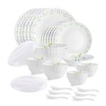 CELLO Tropical Lagoon Dazzle Series Opalware Dinner Set of 35 Pieces For Family of 6 | Bone-Ash Free & Leadfree Opal Glass, Microwave & Dishwasher Safe Plates & Bowls Crockery Set For Dining & Gifting