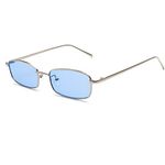 Ggpyyon Vintage Narrow Rectangle Sunglasses for Women Men, Retro 90s Small Metal Frame Square Glasses Candy Colors(Silver/Blue)