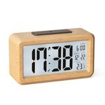 HERMIC Alarm Clock, Digital Alarm Clock Battery Wooden with Temperature, Date, Light Sensor, Backlight, Snooze Function, 12H/24H for Bedside, Bedroom (Batteries Included)