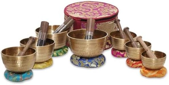 Sanskar Nepal - Tibetan Singing Bowl Set of 7, Handcrafted Singing Bowl for Meditation & Holistic Healing, Yoga Accessories, 3-5” Gold Singing Bowls with Wooden Striker, Cushion & Purple Carry Box