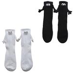 Neckip 2 Pairs Magnetic Hand Holding Socks, Cute Couple 3D Holding Hand Doll Sports Cotton Mid-Tube Socks Men Women (Black+White)