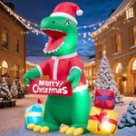 6 FT Inflatable Dinosaur Outdoor Decoration, Blow Up Holding Banner Dinosaur with Gift Box, Build-in LEDs Yard Decorations for Indoor Outdoor Party Garden Lawn Decoration