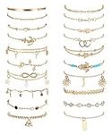 Morfetto 20Pcs Ankle Bracelets for Women Adjustable Beach Anklet Set Surfer Anklet Heart Star Turtle Infinite Anklets Foot Jewelry Golden