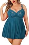 Avidlove Plus Size Lingerie Babydoll Womens Lingerie Sleep Dress V Neck Lace Nighty Sleepwear Lingerie (Peaock Blue, X-Large)