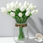 Artificial Flowers 30pcs Bouquet 14" Tall Real Touch Tulips, White PU Fake Tulips Flowers for Arrangement Wedding Party or Easter Spring Home Centerpiece Dining Room Office Table Decoration