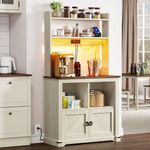 YITAHOME Bakers Rack Cabinet,Microwave Stand with Power Outlet,Kitchen Pantry Hutch with LED Lights,Coffee Bar Cabinet with Storage,Farmhouse Buffet Sideboard with LED Lights, Off White+Walnut Grain