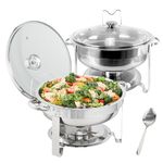 VEVOR Chafing Dish Buffet Set, 5 Qt 2 Pack, Stainless Steel Chafer w/ 2 Full Size Pans, Round Catering Warmer Server w/Vented Glass Lid Water Pan Stand Fuel Holder Hook Spoon, at Least 4 People Each