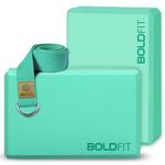 Boldfit Yoga Blocks Set of 2 and Belt High Density Foam Yoga Bricks Pack of 2 for Stretching, Balancing Yoga Bricks, Yoga Block Premium Yoga Accessories for Women & Men Yoga Equipment with Strap Green