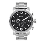 Fossil Watch for Men Nate, Quartz Chronograph Movement, 50 mm Silver Stainless Steel Case with a Stainless Steel Strap, JR1353