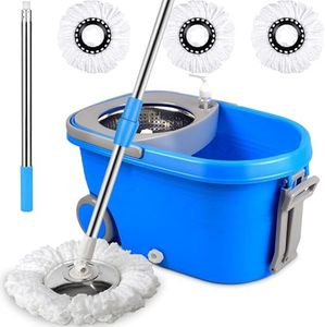 Microfiber Spin Mop & Bucket Floor Cleaning System Stainless Steel Wringer Set Plus 3 Replacement Head Refills 360 Spinning Mopping System 61" Extended Handle for Home Cleaning - Blue