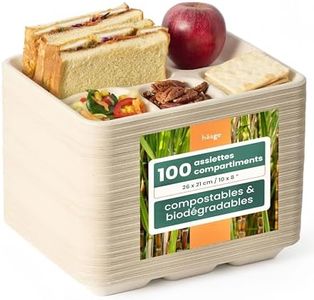 HAAGO 100 Assiettes Jetables Carrées en Bagasse de Canne à Sucre - Biodégradable & Compostable (5 Compartiments, 26cm)