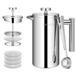 Velaze 1L / 35oz 8 Cups French Cafetiere Coffee Pot, French Press with Stainless steel,Double Wall Tea Maker, with 1 Coffee Spoon and 5pcs Additional Replacement Filter Screen