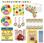 Curious George Birthday Party Supplies Bundle for 16 includes Lunch Plates, Lunch Napkins, Table Cover, Happy Birthday Banner, Hanging Swirl Decorations, George Candle Decoration Set