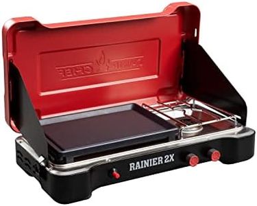 Camp Chef Rainier 2X Combo Cooking System - Two-Burner Camp Stove with Griddle Top - Folding Lid Doubles as Windscreen - Portable Camping Cooking Stove - For Outdoor Cooking - 267 Sq In Cooking Area