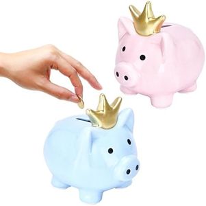 MeantToBe Piggy Bank for Kids - Set of 2 - Unbreakable Ceramic Coin Banks for Boys and Girls - Blue & Pink Kids Piggy Banks - Children's Money Saving Box - 5.1"x4.6"x5.5" inches