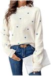 GORGLITTER Women's Heart Lace Valentine Patchwork Pullover Sweater Embellished Long Sleeve Cute Knitwear Sweater Jumper White Large