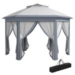 Outsunny Hexagon Garden Gazebo Pop Up Gazebo Outdoor Patio Double Roof Instant Shelter with Netting, 3 x 4m, Grey