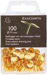 Exacompta - Ref 14741E - Brass Drawing Pins (Pack of 100) - 9mm Width x 9mm Height in Size - Suitable for Pinboards or Corkboards in Offices, Homes & Businesses - Gold, packaging may vary